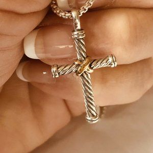 DAVID YURMAN CABLE CROSS STERLING SILVER & 18K YELLOW GOLD PENDANT NECKLACE 20”